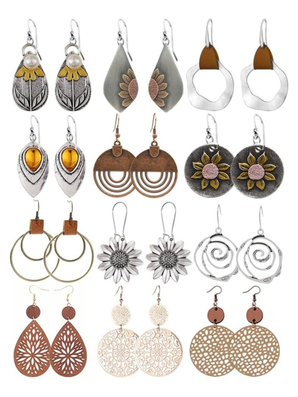 12 Pairs Boho Vintage Geometric Round Wooden Leather Dangle Earrings Set